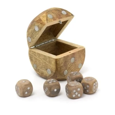 Image of Carousel Home Set Of 5 Wooden Die In Dice Shaped Case Box Holder Shaker Roller Thrower Portable Cup Five Piece Game Storage