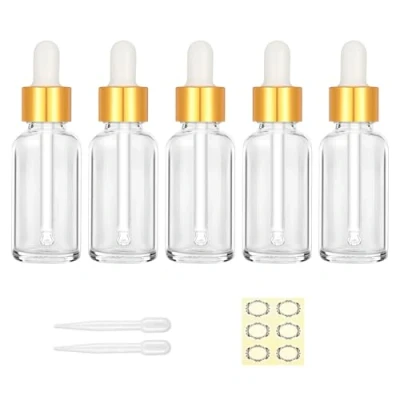 Image of Apstaqeoo 5Pcs 30ML Transparent Glass Droper Bottles with Pipette, Refillable Eye Dropper Bottle Empty Tincture Gold Cap/Label/Dropper for Essential Oils Perfume Aromatherapy