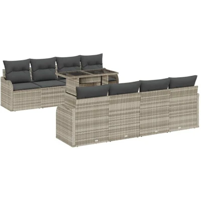 Image of vidaXL 9 Piece Garden Sofa Set with Cushions Light Grey Poly Rattan