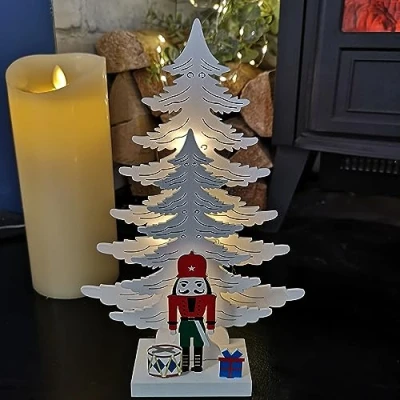 Image of Samuel ALEXANDER 25cm LED Battery Operated Nutcracker with White Wooden Christmas Tree Scene