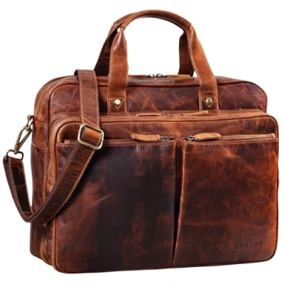 Image of STILORD &#039;Remus&#039; Vintage Leather Shoulder Bag Men Large Laptop 15.6&#039; College Portfolio Satchel Business Genuine Leather, Colour:Kara Cognac