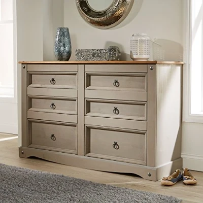 Image of Home Source Corona Grey Chest of Drawers Pine 6 Drawer Solid Mexican Wooden Sideboard