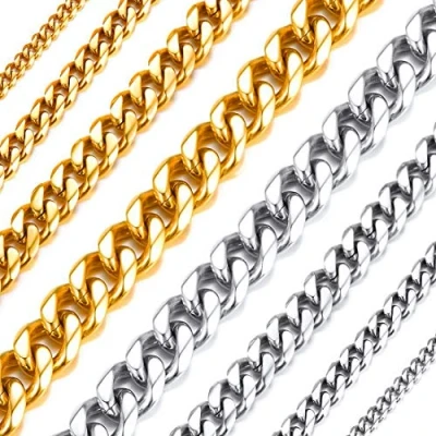 Image of Richsteel Cuban Chain Link Necklace With Diamond Finish, 9MM Wide Curved Edges Curb Chain, 46CM(18 Inch) Length, 18K Gold Plated 316L Stainless Steel Jewelry, RN20035K 9 18
