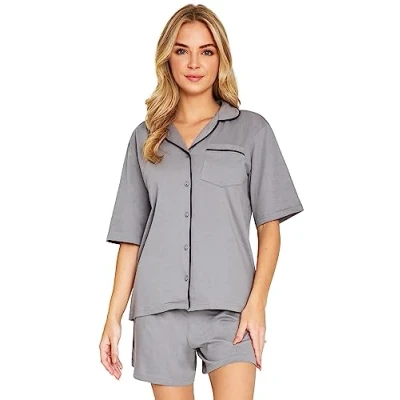 Image of Womens Pyjamas Summer Nightwear 2 Piece 100% Cotton Button Down Short PJs for Women Sets Soft Breathable Lounge Wear Cute Sizes S XL Sleeve Sleepwear (Grey, XL)