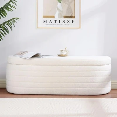 Image of Hanstore Ottoman Storage Box, Teddy Upholstered Fabric Large Bench End of Bed Stool with Safety Hinge Footstool for Bedroom, Living Room, Entryway Oval