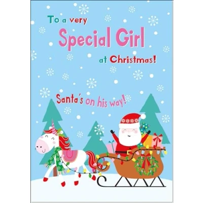 Image of doodlecards Special Girl Christmas Card Magic Santas Sleigh with Unicorn Medium Size for Plain Envelope