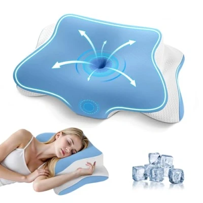 Image of JINXIA Memory Foam Pillow, Orthopedic Ergonomic Pillows for Neck and Shoulder Pain, Cervical Support Side/Back/Stomach Sleepers, with Cooling Washable Silk Pillowcase, Blue