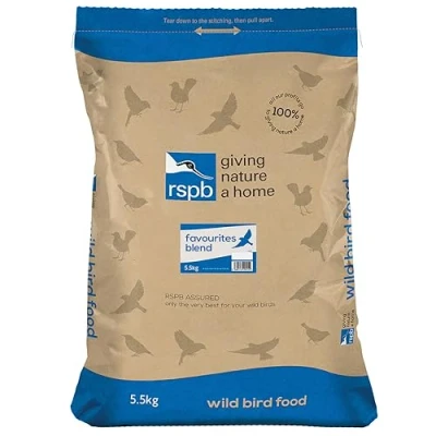 Image of RSPB Wild Bird Food for Small Birds, High Energy Food, Seed Mix with Sunflower Hearts and Dried Mealworms, Made in the UK, Suitable Year Round Feeding (Favourites Blend) (5.5kg)