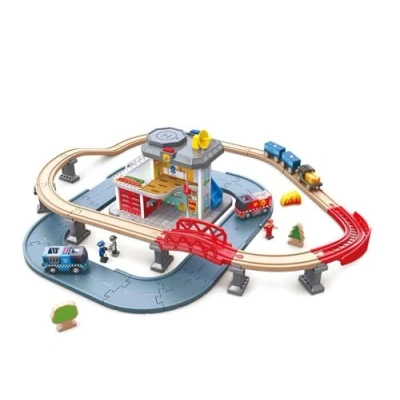 Image of Hape E3736 Emergency Services HQ Wooden Train Set