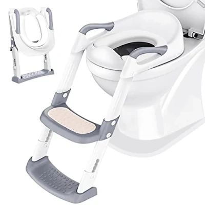 Image of Potty Training Toilet Seat Trainer: Kids with Step Stool Foldable Portable Chair Adjustable Height Ladder Guard Handle Soft Cushion White for Baby Toddler Boys Girls