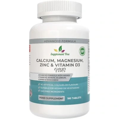 Image of Calcium Magnesium Zinc and Vitamin D Plus K2 MK 7 Supplement 180 Vegan Tablets High Strength Complex with Copper Manganese Selenium &amp; Boron UK Made
