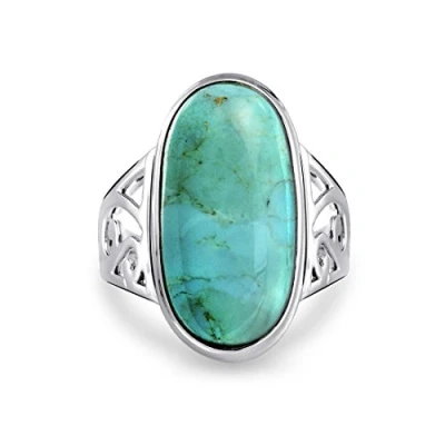 Image of Personalize Southwest Boho Style Large Dome Oval Cabochon Gemstone Bezel Set Blue Turquoise Western Statement Ring For Women Filigree Scroll Band .925 Sterling Silver Customizable