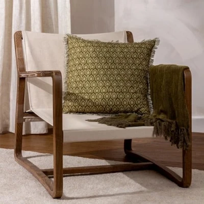 Image of Yard Georgi Fringed Feather Filled Cushion Olive Cotton Size 50 cm x