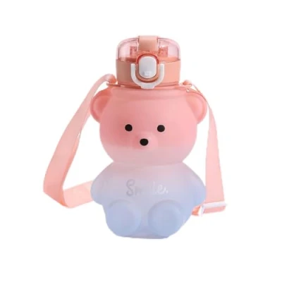 Image of Merrwon Cute Teddy Bear Water Bottle, Kawaii Shaped Bottle with Straw and Stickers Drinks Leak Proof Drinking Shoulder Strap for Girls School 800ml