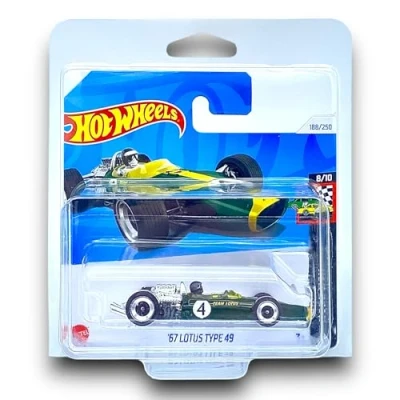 Image of Hot Wheels &#039;67 Lotus Type 49 #4 (BRG &amp; Yellow) 8/10 HW Race Day 2024 188/250 (Short Card) includes a KLAS Car Keeper Protector Case HTD99