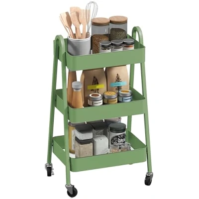 Image of HOMCOM 3 Tier Storage Trolley on Wheels, Rolling Utility Cart with Handles, Mobile Kitchen for Living Room, Dining Bedroom, Bathroom, Green