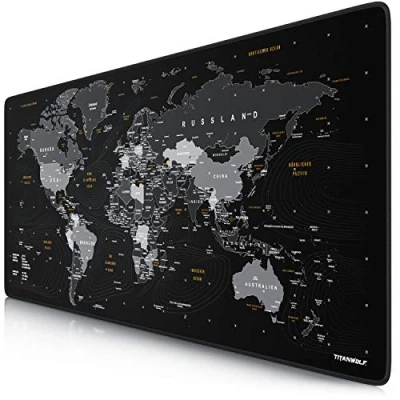 Image of Titanwolf German Layout XXL Gaming Mouse Mat 900 x 400 3 mm Desk Large and Office World Map Black