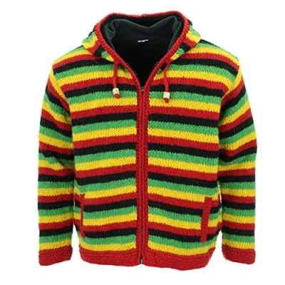 Image of LOUDelephant Hand Knitted Wool Hooded Jacket Cardigan Stripe Rasta (Medium)