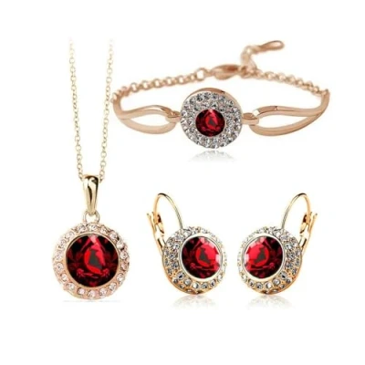 Image of FDEETY Jewelry Set for Women Rhinestone Crystal Necklace Earrings Bracelet Gifts Wedding Engagement Bridesmaid Costume Dress Prom Sets (Red)