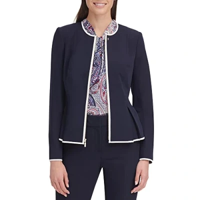 Image of Tommy Hilfiger Women&#039;s Peplum Collarless Zip Front Blazer Jacket Peplumn, Midnight/Ivory, 14