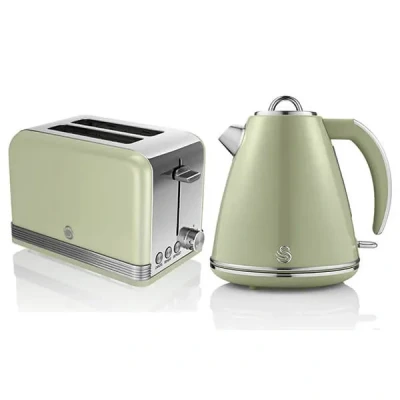 Image of Swan Retro Green Kettle and 2 Slice Toaster Set