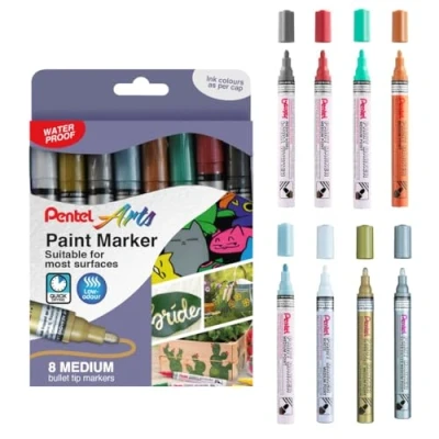 Image of Pentel Arts MMP10 Paint Markers, Medium Bullet Tip, Metallic Colours (8 Marker Pens)