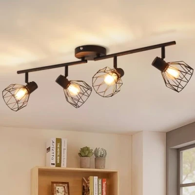 Image of ANWIO Kitchen Lights Ceiling,4 Way Black Lounge Industrial Wall Adjustable SpotLights Ceiling Wire Cage with E14 Base, Light Fittings Ceilings for Living Room(NO Bulbs)