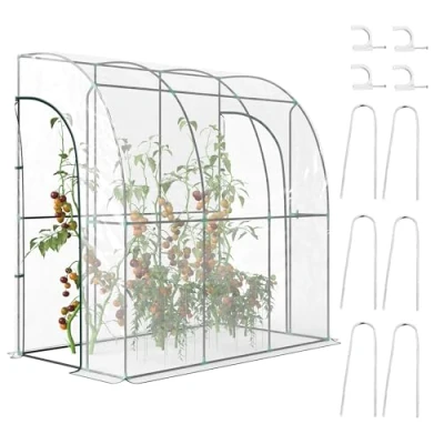 Image of Outsunny 214x118x212cm Walk In Lean to Wall Tunnel Plastic Greenhouse with Doors 845 592V02CR