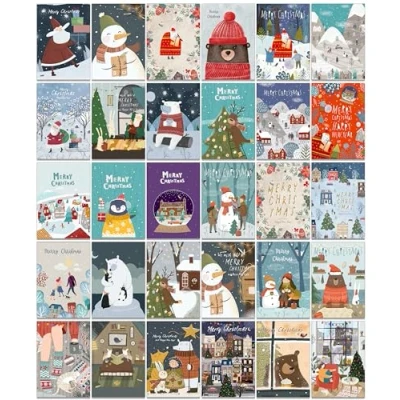 Image of 30 Fun and Happy &quot;Krafty Bears&quot; Christmas Cards Different Designs with Recycled Kraft Brown Envelopes