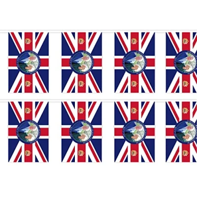 Image of Large Polyester 10m/33ft Bunting King Charles III with Queen Consort Portrait 24 Union Jack Flags King&#039;s Coronation Celebration Banner Royal Family UK British Street Party Decoration