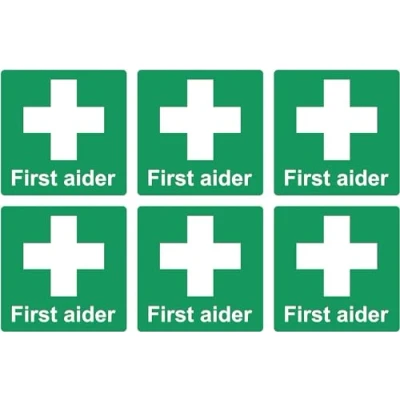 Image of First aider Safety sign (Pack of 6) Self adhesive stickers (50mm x 50mm) Case 5)