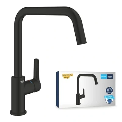 Image of GROHE Start QuickFix 1 Lever Kitchen Sink Mixer Tap (High U spout, 150 Swivel Area, 28 mm Ceramic Cartridge, Tails 3/8 Inch, Hole Installation with QuickMount), Size 310 mm, Matt Black, 304702430