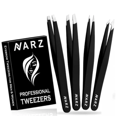 Image of NARZ Professional Tweezers for Facial Hair Women &amp; Men Stainless Steel Precision Ingrown (4 Pcs)