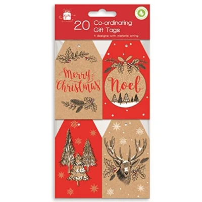 Image of Pack of 20 Co Ordinating Kraft Brown &amp; Burgundy Design Christmas Gift Tags