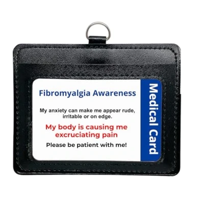 Image of Fibromyalgia Disability Awareness Card, in a Quality Black PU Leather Holder with Lanyard for Best displaying Your Card Rear Pocket Medical or Contact Details.