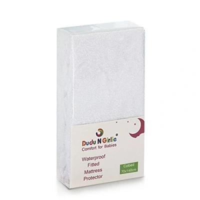 Image of Dudu N Girlie Waterproof Cot Bed Mattress Protector, Non Noisy Toddler Sheets 140 x 70 Fitted Breathable Terry Towel Deep Protector Topper Cover. White
