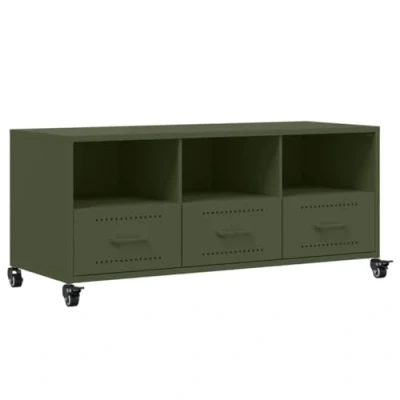 Image of vidaXL TV Cabinet Stand/Media Unit Olive Green Cold Rolled Steel with 3 Doors and Wheels Storage for Living Room, Lounge 100.5x39x43.5cm