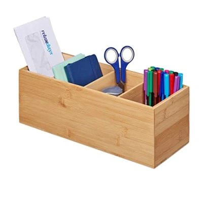 Image of Relaxdays Bamboo Organiser Box 4 Compartments, Narrow, Storage for Kitchen, Bathroom, Office, 12x35x14 cm, Natural Brown, 100%