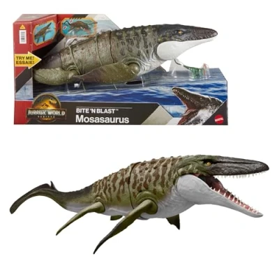 Image of ​Mattel Jurassic World Rebirth Bite N Blast Mosasaurus Action Figure &amp; Mini Dilophosaurus, Wide Jaw Dinosaur Toy, Movie Accurate Posable, Digital Play, JJP80