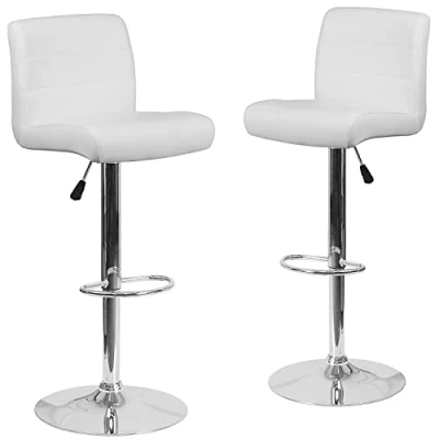 Image of Flash Furniture 2 Pack Contemporary Vinyl Adjustable Height Barstool with Rolled Seat and Chrome Base, Plastic, Foam, Metal, White, Set of