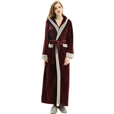 Image of Samko Ladies Full Length Dressing Gown Lined Hooded Bathrobes Snug Long Robes Housecoat Loungewear for Bedroom Showerroom Wine Red L