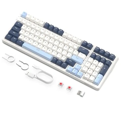 Image of FREEWOLF K8 Wireless Hot Swap Mechanical Gaming Keyboard, Wired RGB Rainbow Backlit Keyboard Red Switch, Bluetooth 5.0/2.4Ghz/USB C Tri Mode with 4000mAH Battery, US Layout for Mac/Win Blue/White