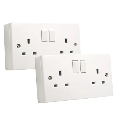 Image of SHPELEC® Square Edge White 13A 2 Gang Switched Socket with 25mm Surface Mount Pattress Box (2 PACK)