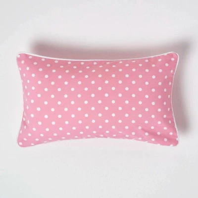 Image of HOMESCAPES 100% Cotton Polka Dots Cushion Cover 30 x 50 cm Rectangular 12 20 Inches Pink White Sofa Pillow Washable