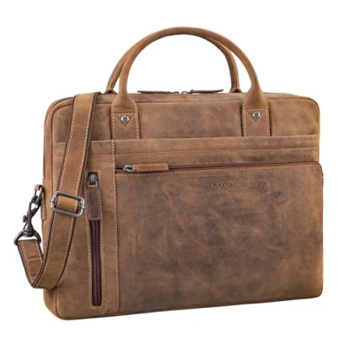 Image of STILORD &#039;Jared&#039; Unique Leather Laptop Bag 15.6 Inch to 16 Vintage Briefcase Men Large Work Women Shoulder Business Real Leather, Colour:Bergamo Brown