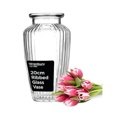 Image of Wrenbury Tulip Vase Ribbed Glass for Flowers 20cm Textured Daffodil Wide Clear Urn Posies Makes a Classic Table Centrepiece
