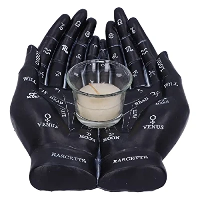 Image of Nemesis Now Palmist&#039;s Guide Black Chiromancy Hands Candle Holder, 22.3cm