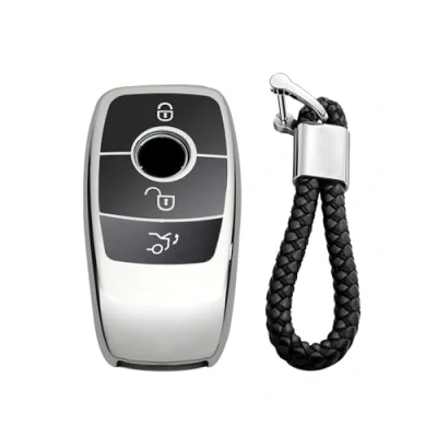 Image of M.JVisun Soft TPU Case Cover Protector Car Remote Key Fob For Mercedes Benz 2019 2022 A Class C G 2017 E 2018 2021 S Glossy Silver Braided Keychain