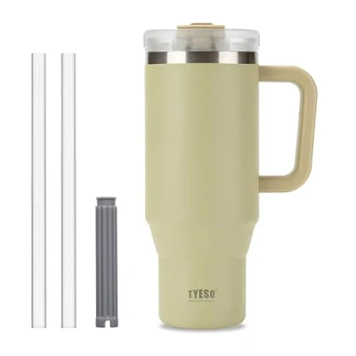 Image of Tumbler with Straw and Lid, 40oz Insulated Travel Cup Straw, Double Wall Stainless Steel Iced Coffee Cup, Leak Proof Mug, Large Handle (Light Khaki)