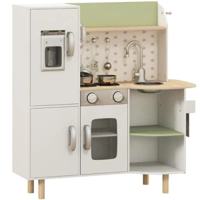 Image of AIYAPLAY Toy Kitchen Playset, Kids Play Role Playing Game with Phone, Ice Maker, Stove, Sink, Utensils, for Ages 3 6 Years White